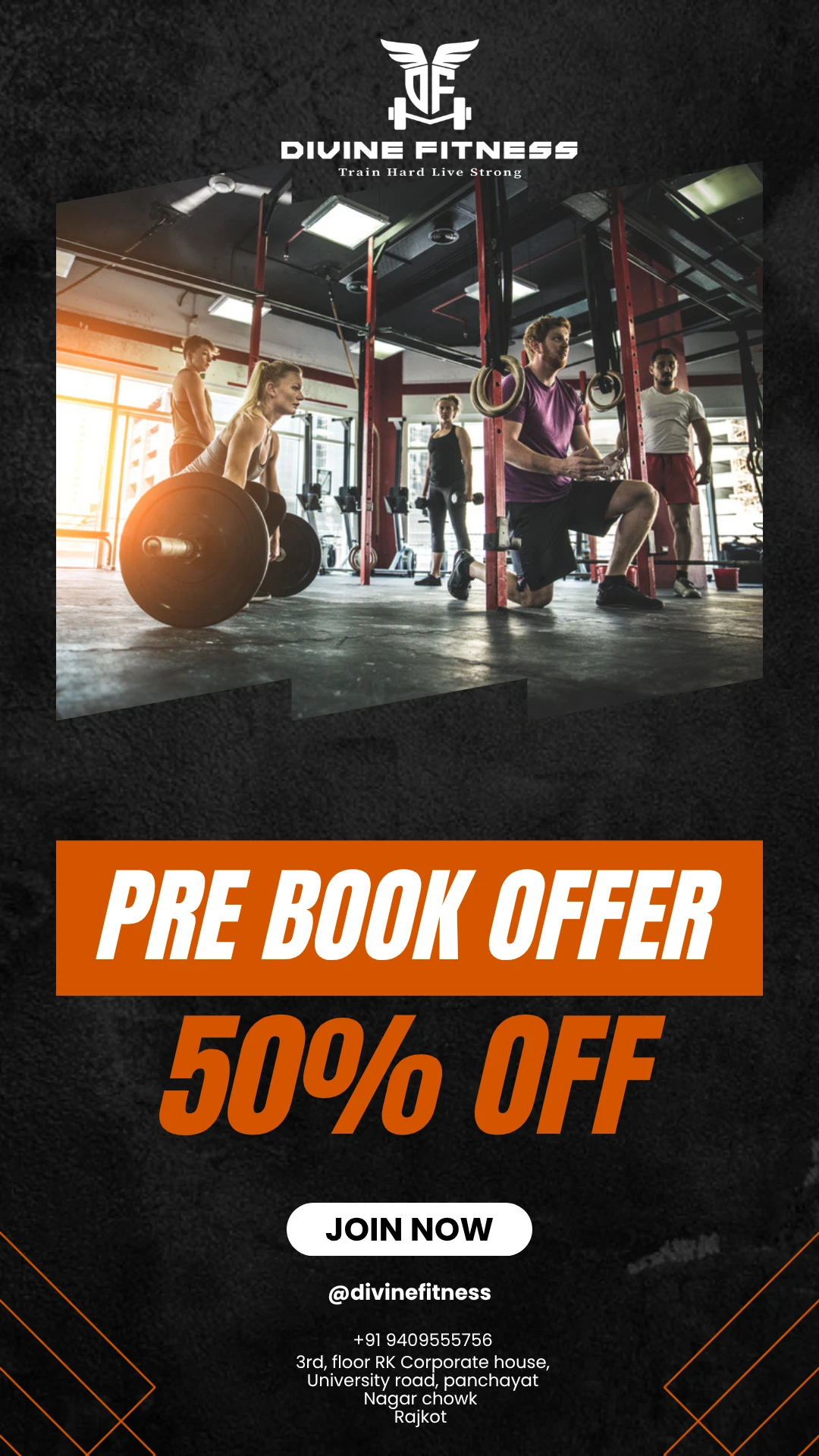 Divine Fitness Instagram pre-book offer story showing real gym-floor training footage with a 50% off join-now call to action.