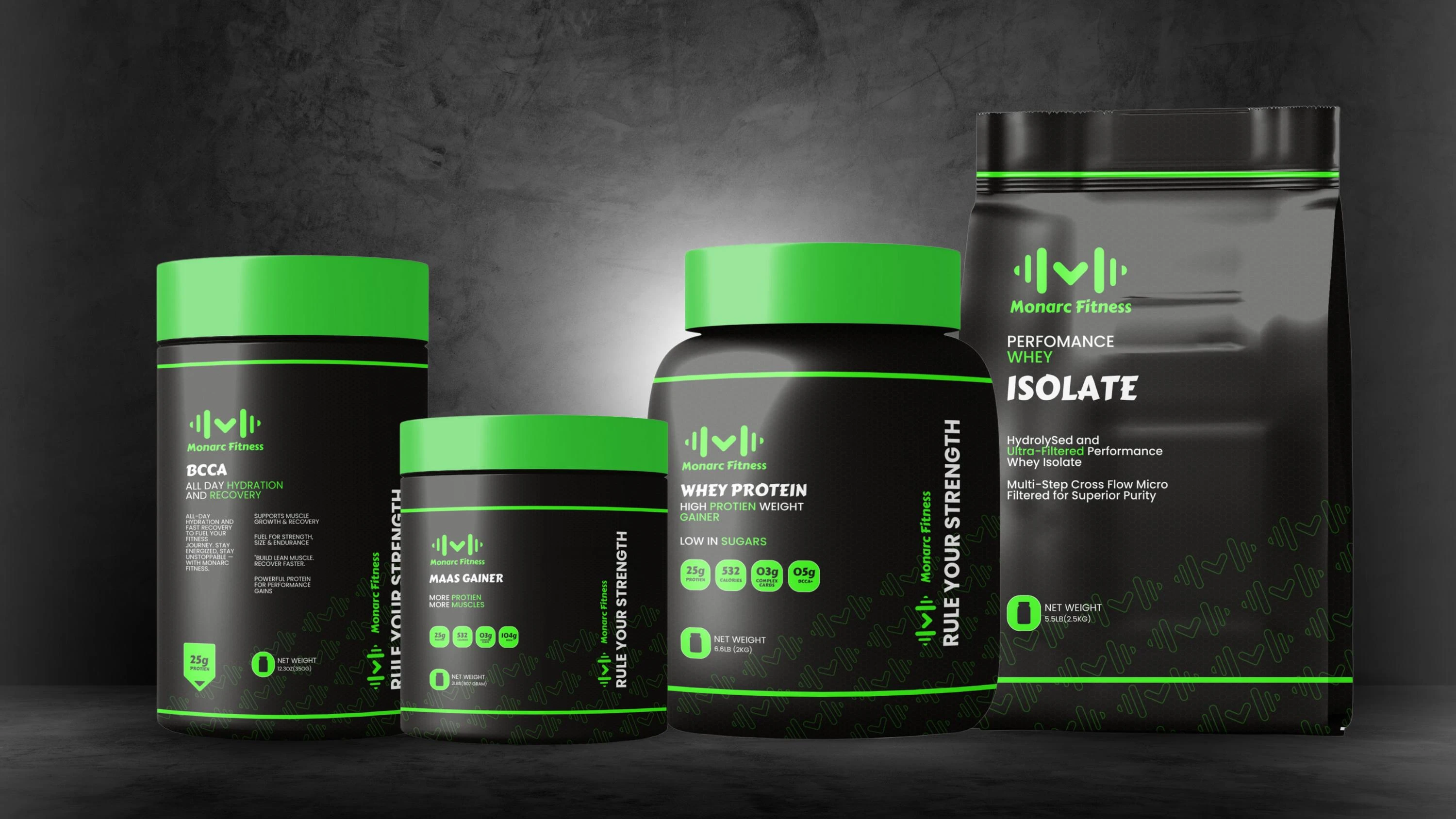 Monarc Fitness supplement range packaging — BCAA, mass gainer, whey protein, whey isolate