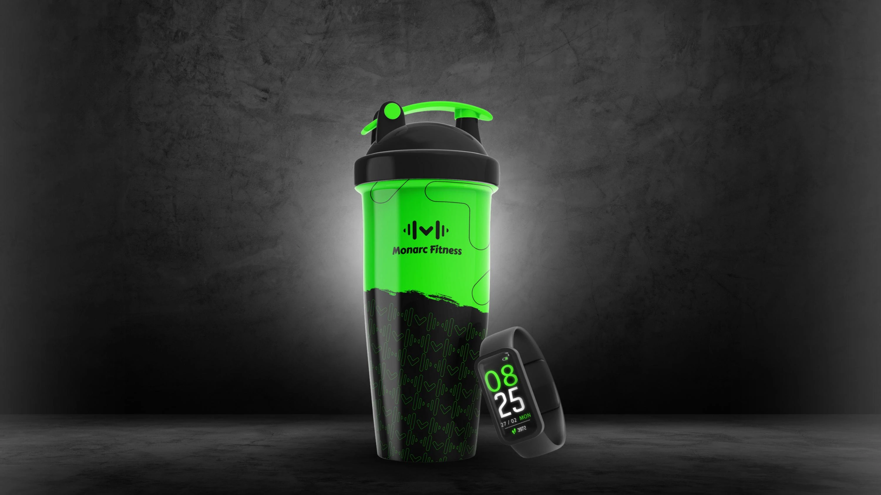 Monarc Fitness shaker bottle and fitness tracker merchandise